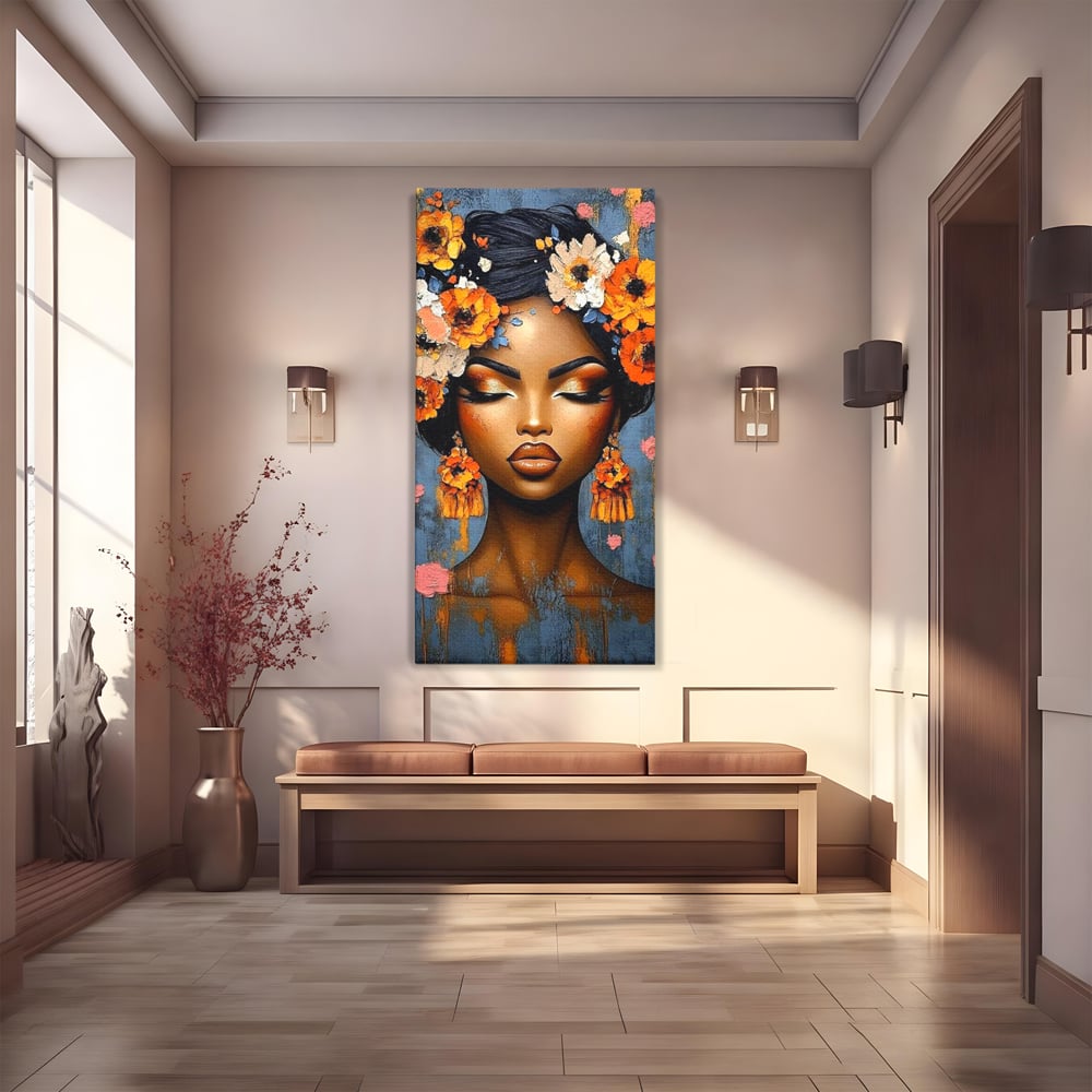 Tablou canvas cu tablou canvas cu portret de femeie si flori, fara rama, pe sasiu de lemn